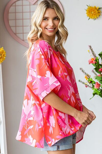 First Love Slit Printed Round Neck Half Sleeve Blouse-3