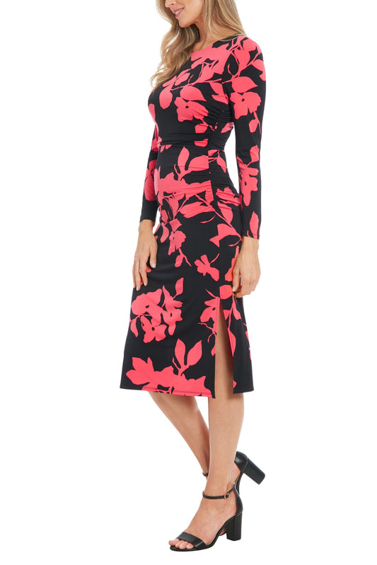 London Times Crew Neckline Long Sleeves Ruched Side Slit Straight Fit Midi Sheath Silhouette Dress-1