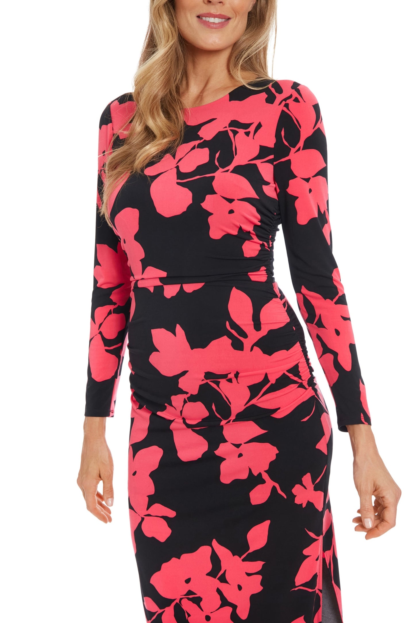 London Times Crew Neckline Long Sleeves Ruched Side Slit Straight Fit Midi Sheath Silhouette Dress-3