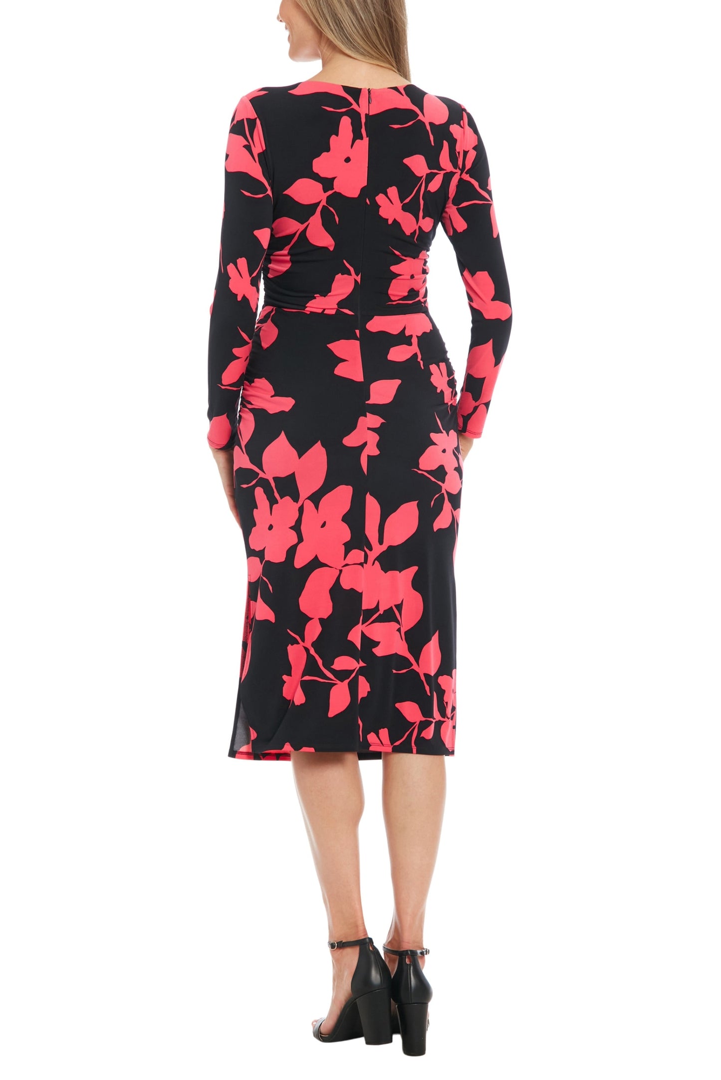 London Times Crew Neckline Long Sleeves Ruched Side Slit Straight Fit Midi Sheath Silhouette Dress-2
