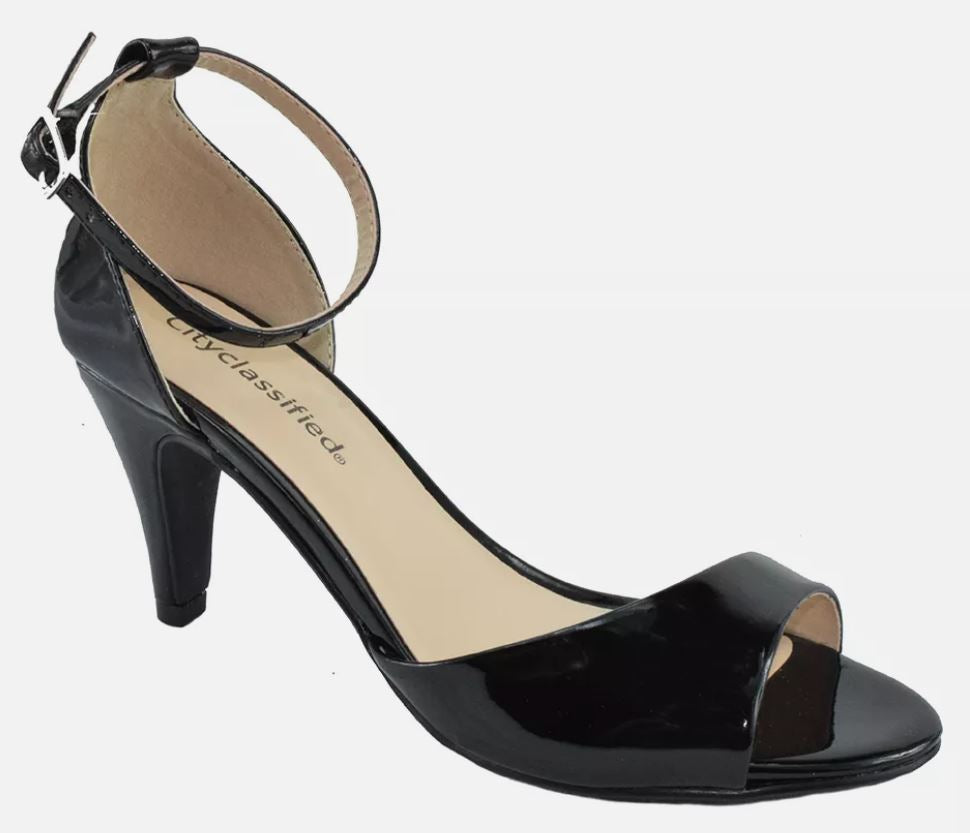 CityClassified Women Ankle Strap Heel Open Toe Black Patent Dress Sandals TUPPER