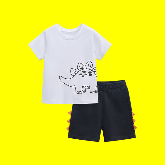 Baby And Kids Boys Dinosaur Cartoon Short Sleeves Top And Shorts Casual Clothing Set-2