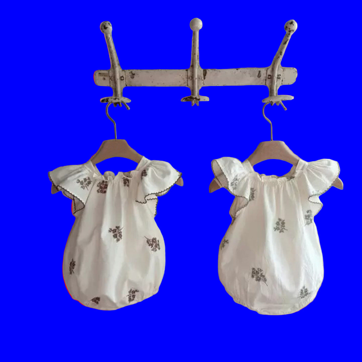  Girls Fly Sleeves Flowers Pattern Embroidered Princess Onesies-0