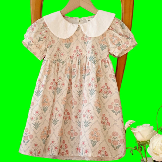 Summer Arrival Baby Kids Girls Cute Short Sleeves Argyle Floral Dress-0