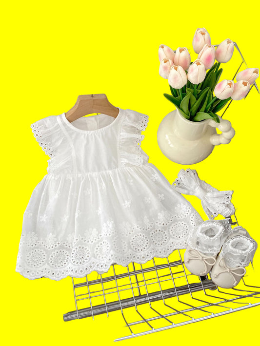 New Design Summer Girls Floral Embroidered Hollow Out Short Sleeves Onesies Dress-0