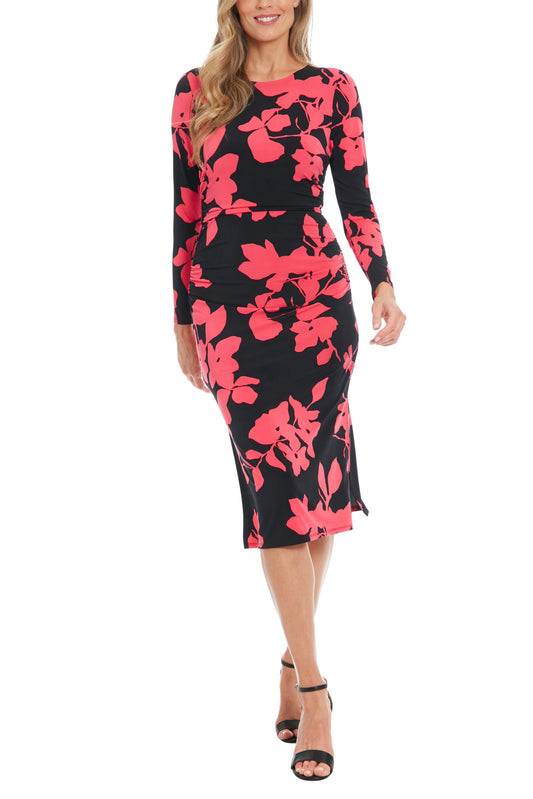 London Times Crew Neckline Long Sleeves Ruched Side Slit Straight Fit Midi Sheath Silhouette Dress-0