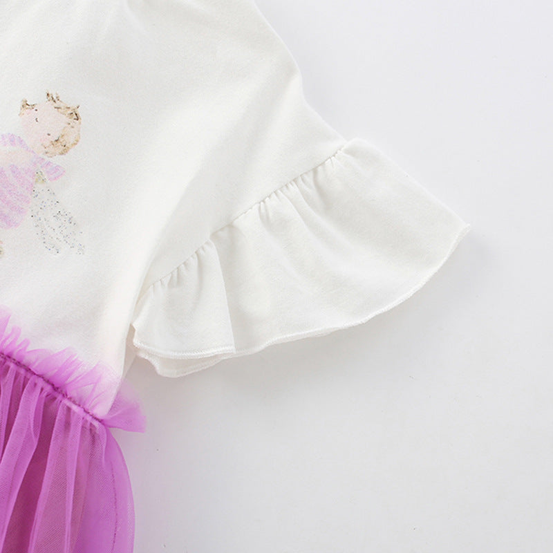 Summer Arrival Cartoon Pattern Fly Sleeves Tulle Patchwork Dress for Stylish Girls-2