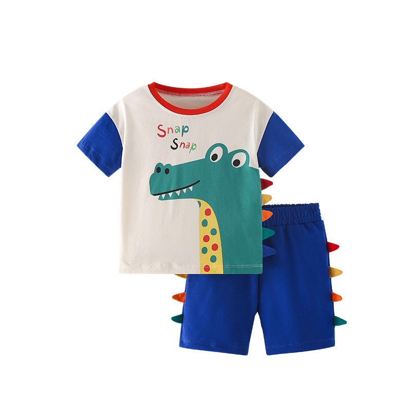 Summer Baby Kids Casual Animals Cartoon Pattern T-shirt and Shorts Clothing Set for Boys-0
