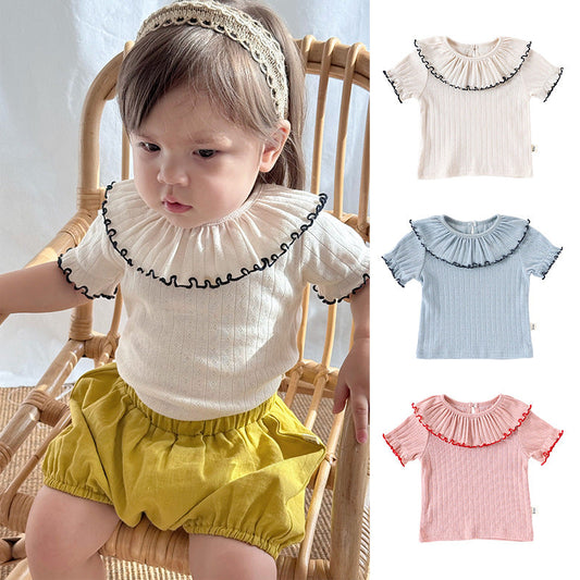 Girls’ Hollow-out Pattern Short Sleeves Top Shirt in European and American Style for Summer-0