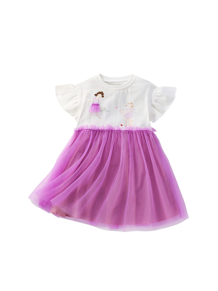 Summer Arrival Cartoon Pattern Fly Sleeves Tulle Patchwork Dress for Stylish Girls-4